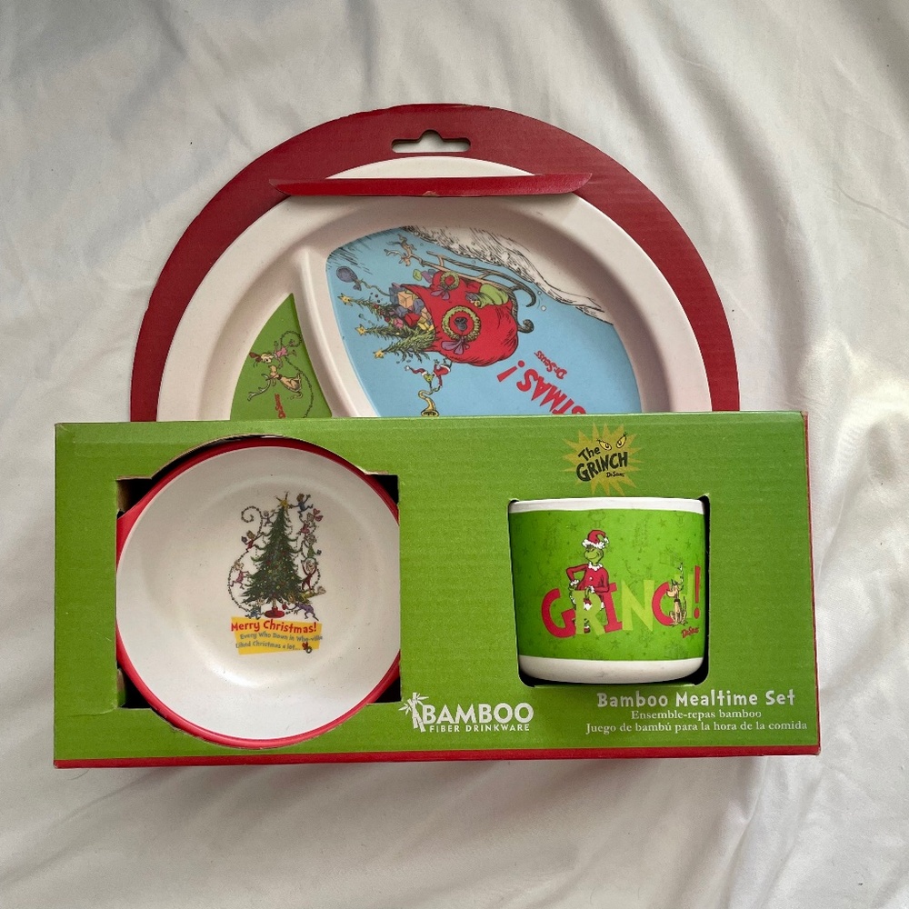 Dr. Seuss The Grinch Christmas Kids Mealtime Plate Bowl Cup Set Bamboo New